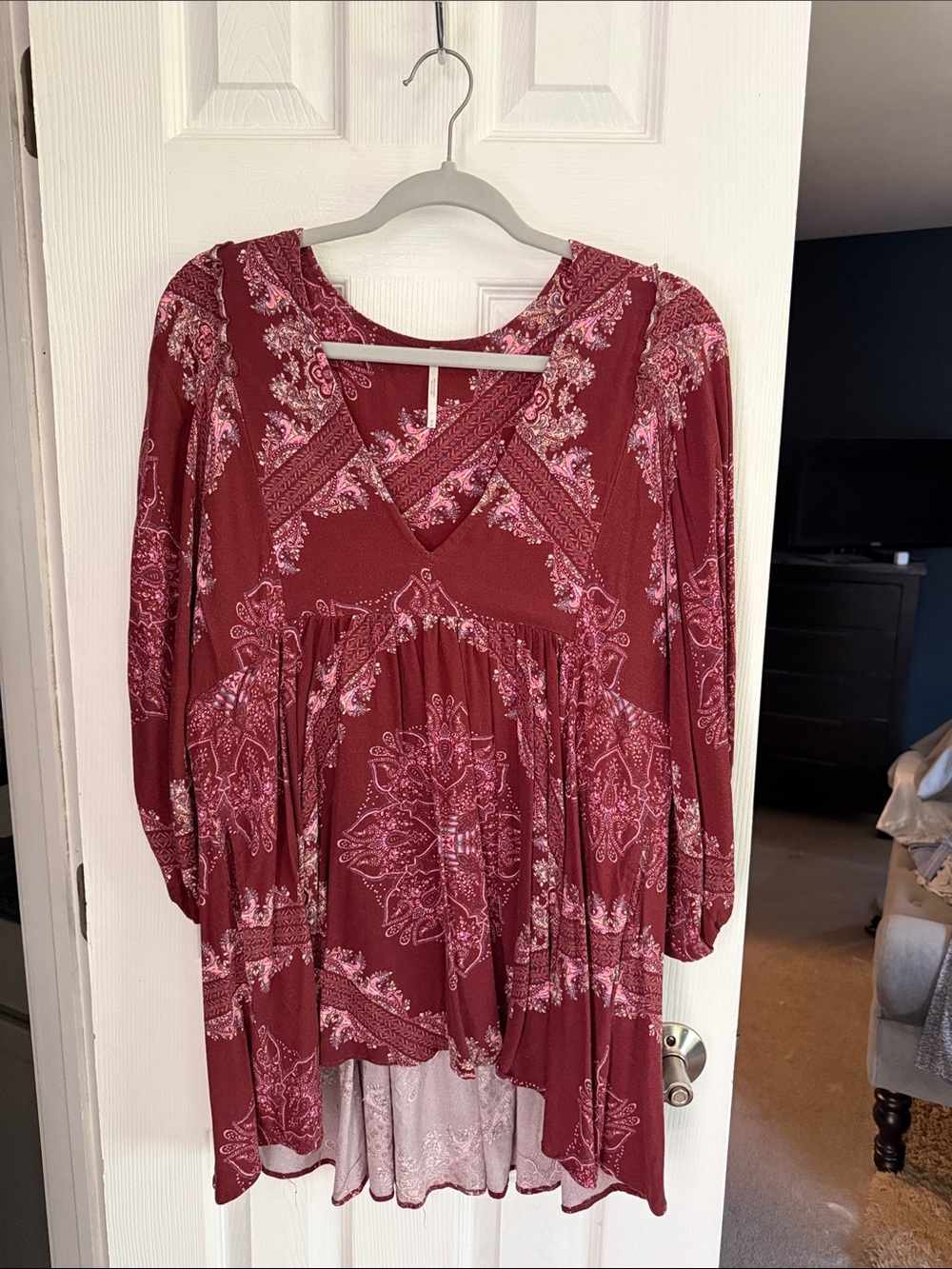 Free People Burgundy Paisley V-Neck Long Sleeve Tunic